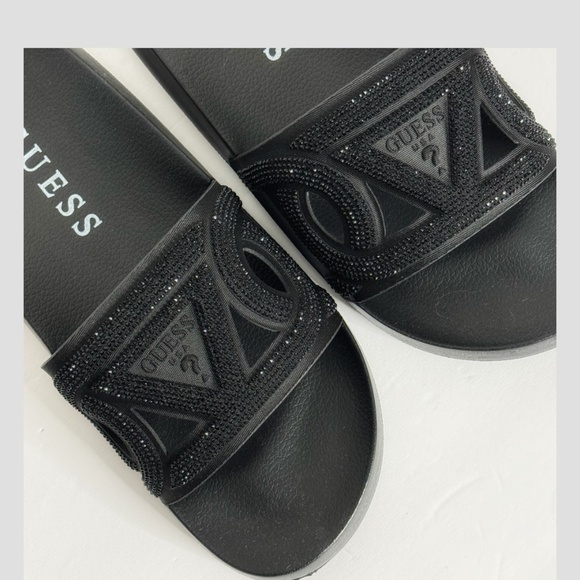NWT Guess Payca Slides Black Rhinestone Sandals Open Toe Slip Ons Shimmer Sz 9 - Picture 2 of 13